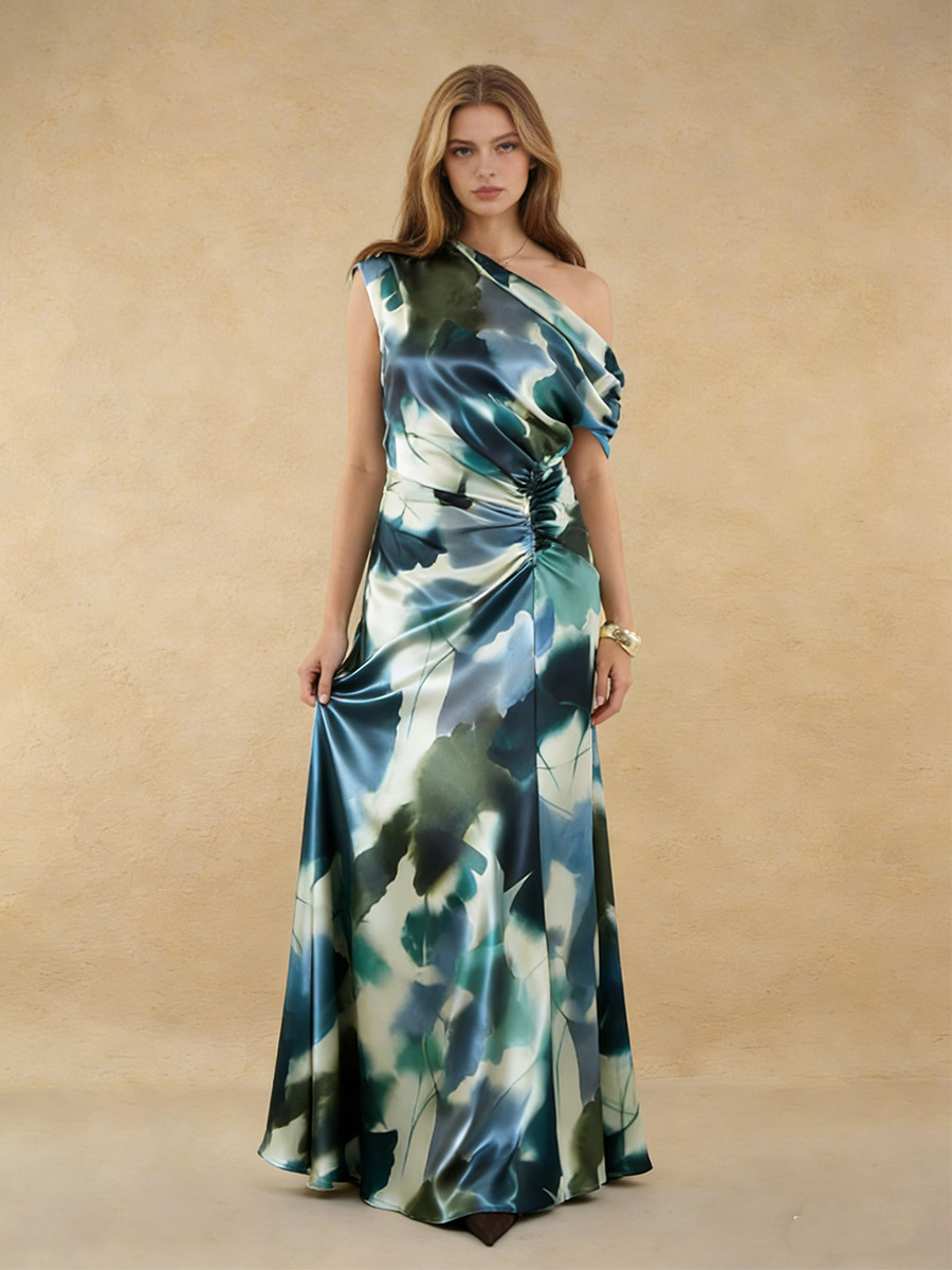 Mermaid One-Shoulder Abstract Floral Satin Floor-Length Dress with Ruched Side Detail for Wedding Guests