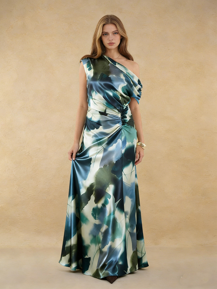 Mermaid One-Shoulder Abstract Floral Satin Floor-Length Dress with Ruched Side Detail for Wedding Guests