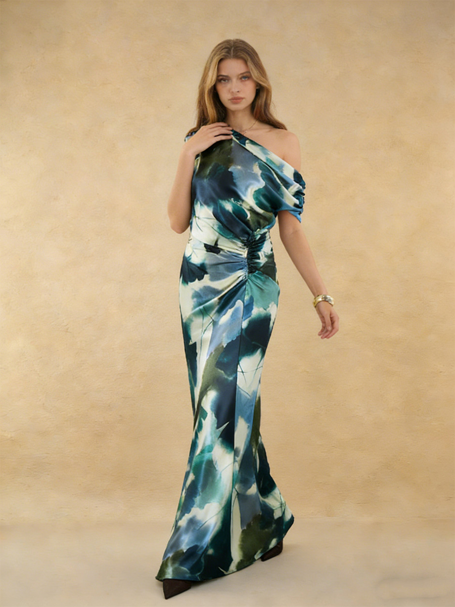 Mermaid One-Shoulder Abstract Floral Satin Floor-Length Dress with Ruched Side Detail for Wedding Guests