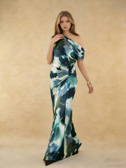 Mermaid One-Shoulder Abstract Floral Satin Floor-Length Dress with Ruched Side Detail for Wedding Guests