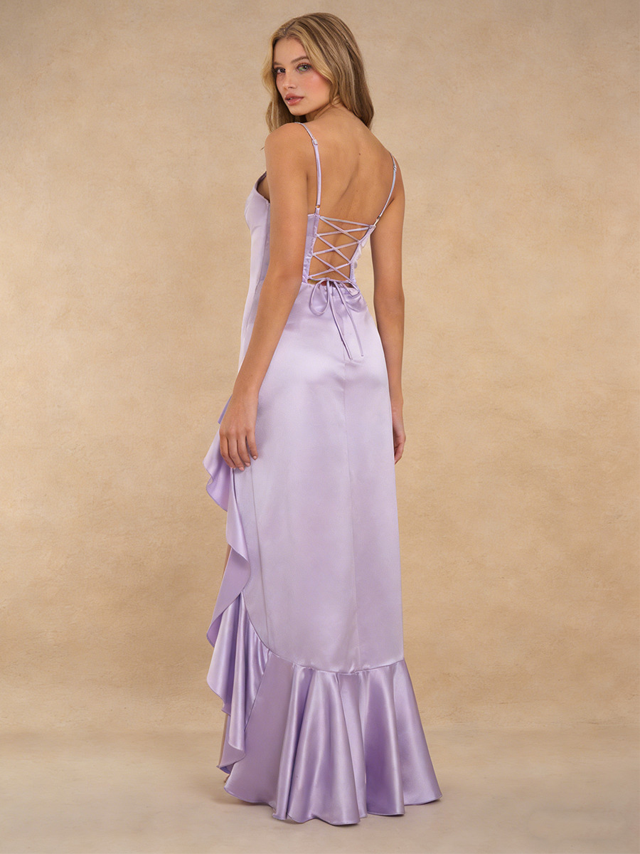 Sheath Cowl Neck Satin Floor-Length Dress with Ruffled High Slit & Spaghetti Straps for Wedding Guests