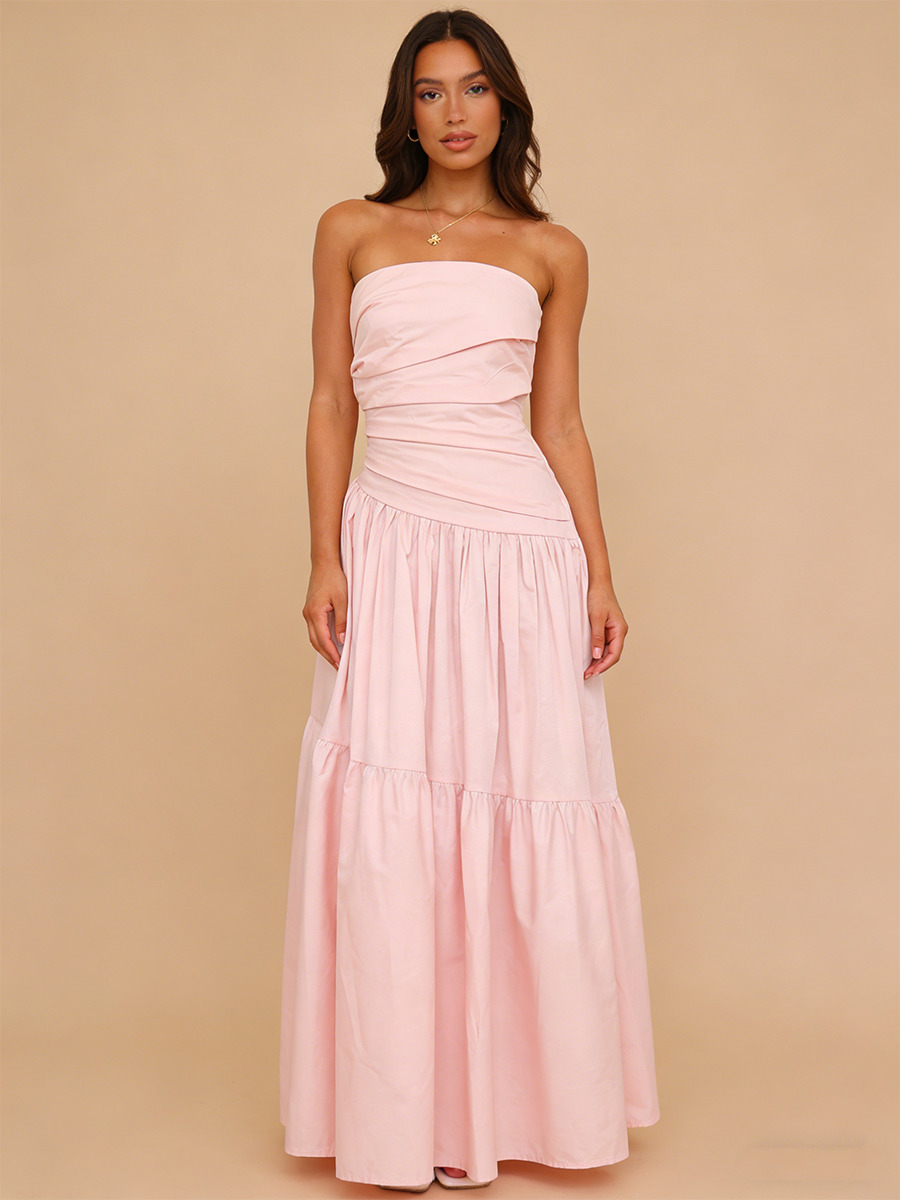 A-Line Strapless Poplin Floor-Length Dress with Ruched Bodice & Tiered for Wedding Guests