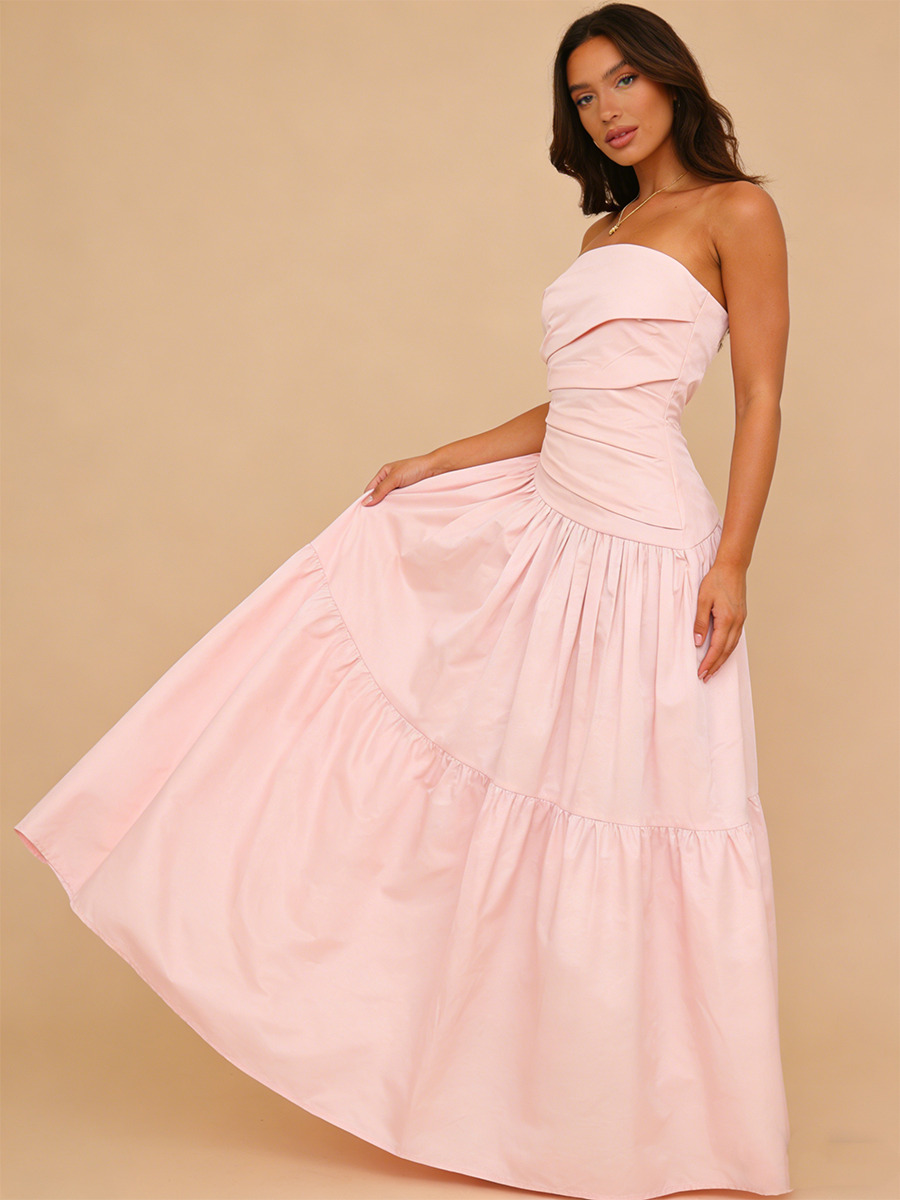 A-Line Strapless Poplin Floor-Length Dress with Ruched Bodice & Tiered for Wedding Guests