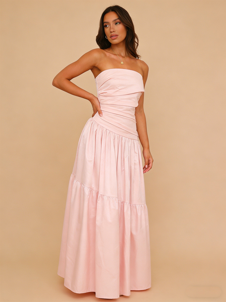 A-Line Strapless Poplin Floor-Length Dress with Ruched Bodice & Tiered for Wedding Guests