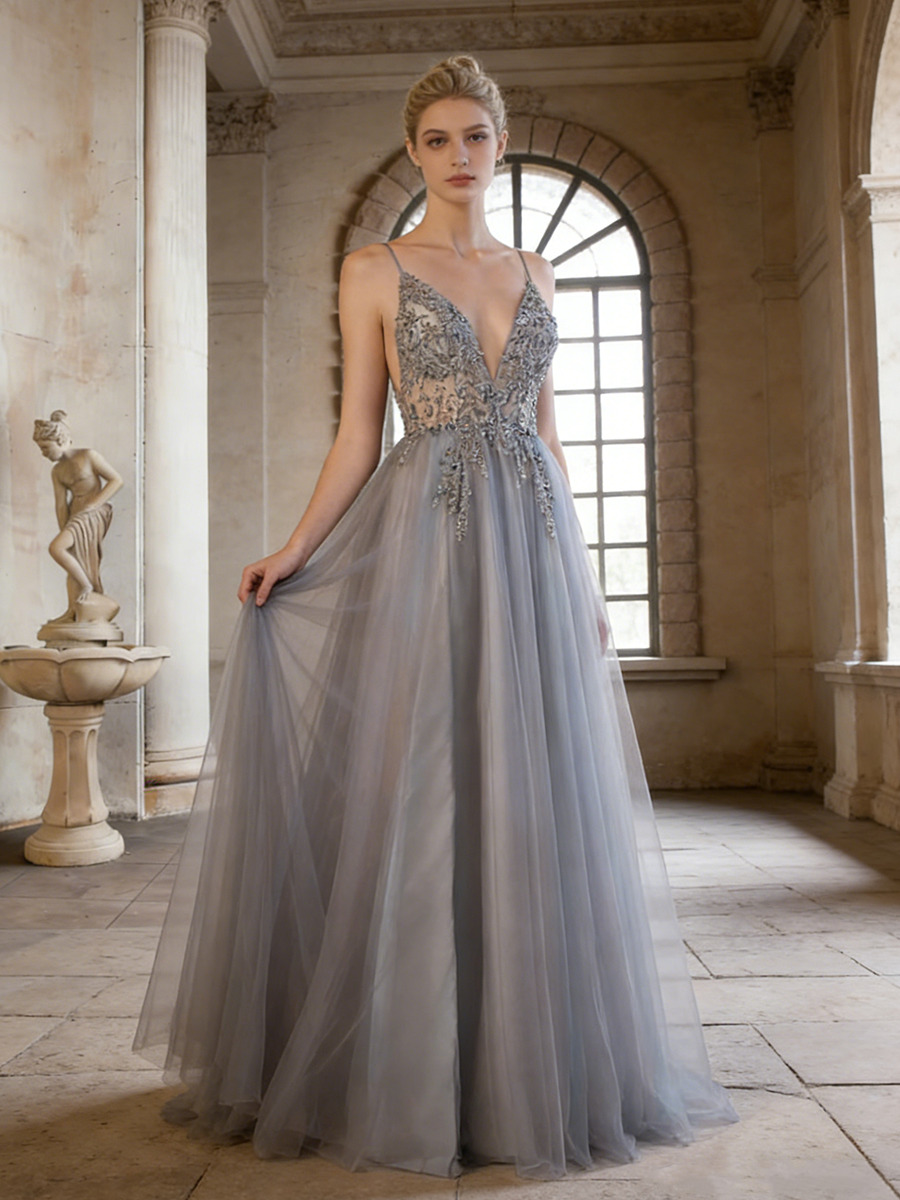 A-Line Deep V-Neck Tulle & Beaded Lace Floor-Length Dress with Spaghetti Straps & Flowy Tulle Skirt for Prom & Gala Events