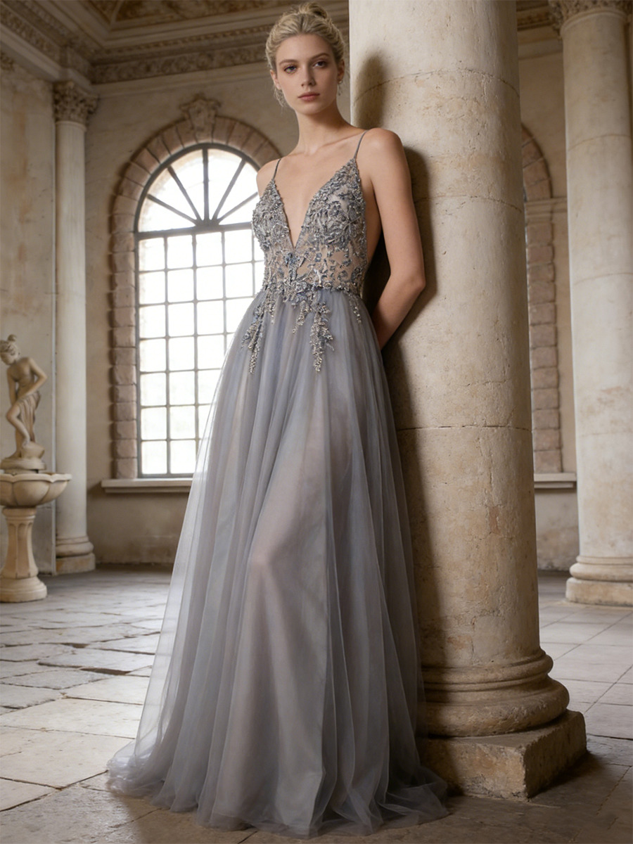 A-Line Deep V-Neck Tulle & Beaded Lace Floor-Length Dress with Spaghetti Straps & Flowy Tulle Skirt for Prom & Gala Events