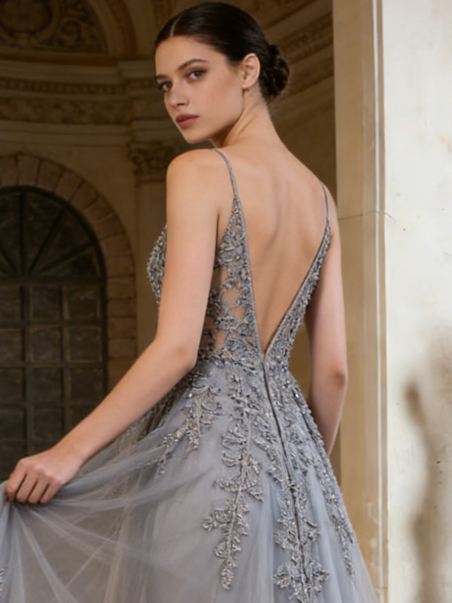 A-Line Deep V-Neck Tulle & Beaded Lace Floor-Length Dress with Spaghetti Straps & Flowy Tulle Skirt for Prom & Gala Events