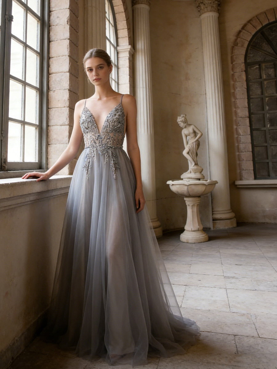 A-Line Deep V-Neck Tulle & Beaded Lace Floor-Length Dress with Spaghetti Straps & Flowy Tulle Skirt for Prom & Gala Events