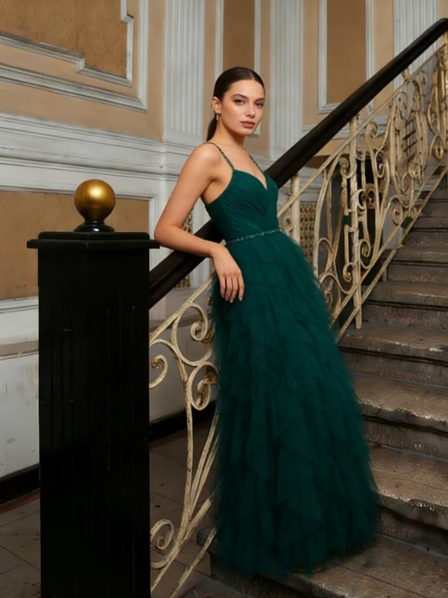 A-Line Sweetheart Neck Tulle Floor-Length Dress with Tiered Ruffled Skirt & Beaded Waistband for Prom & Gala Events