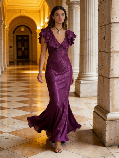 Mermaid V-Neck Jacquard Satin Floor-Length Dress with Ruffled Flutter Sleeves & Leopard Jacquard for Prom & Gala Events