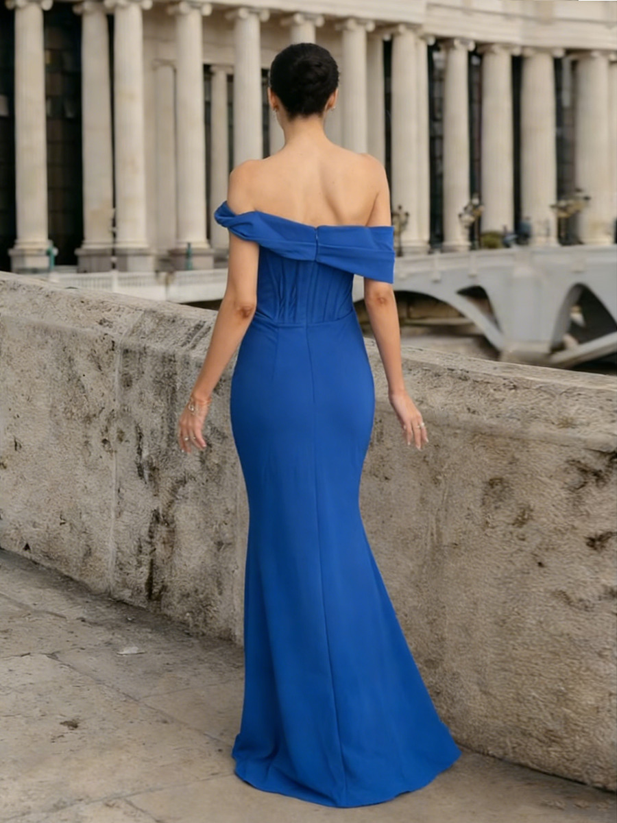 Sheath Off-the-Shoulder Floor-Length Dress with Ruched Bodice & High Side Slit for Prom & Gala Events