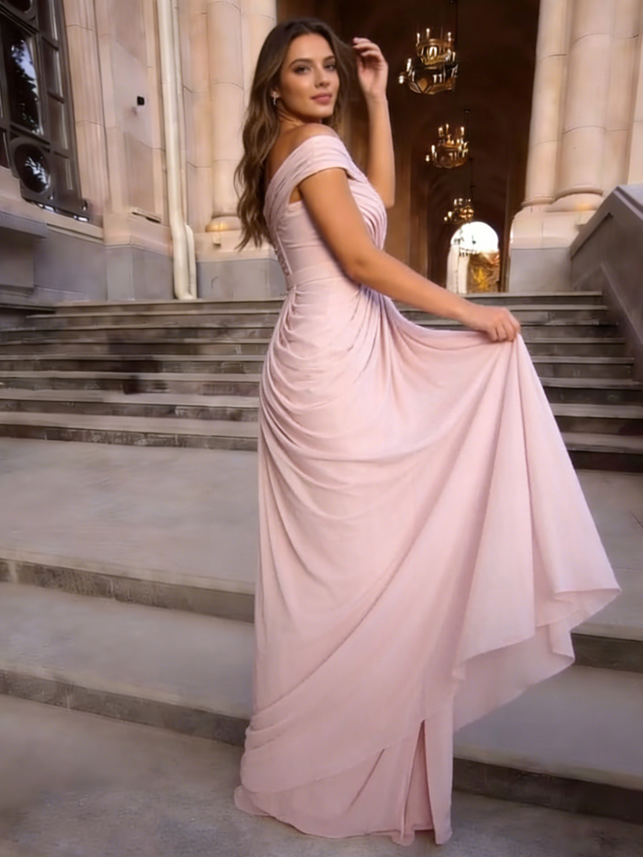 A-Line Off-the-Shoulder Sweetheart Chiffon Floor-Length Dress with Ruched Bodice & Flowy Pleated Skirt for Prom & Bridesmaid Events