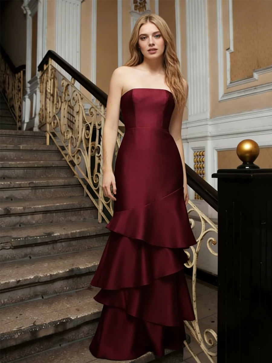 Elegant Strapless Satin Tiered Ruffle Mermaid Floor-Length Formal Prom Gown