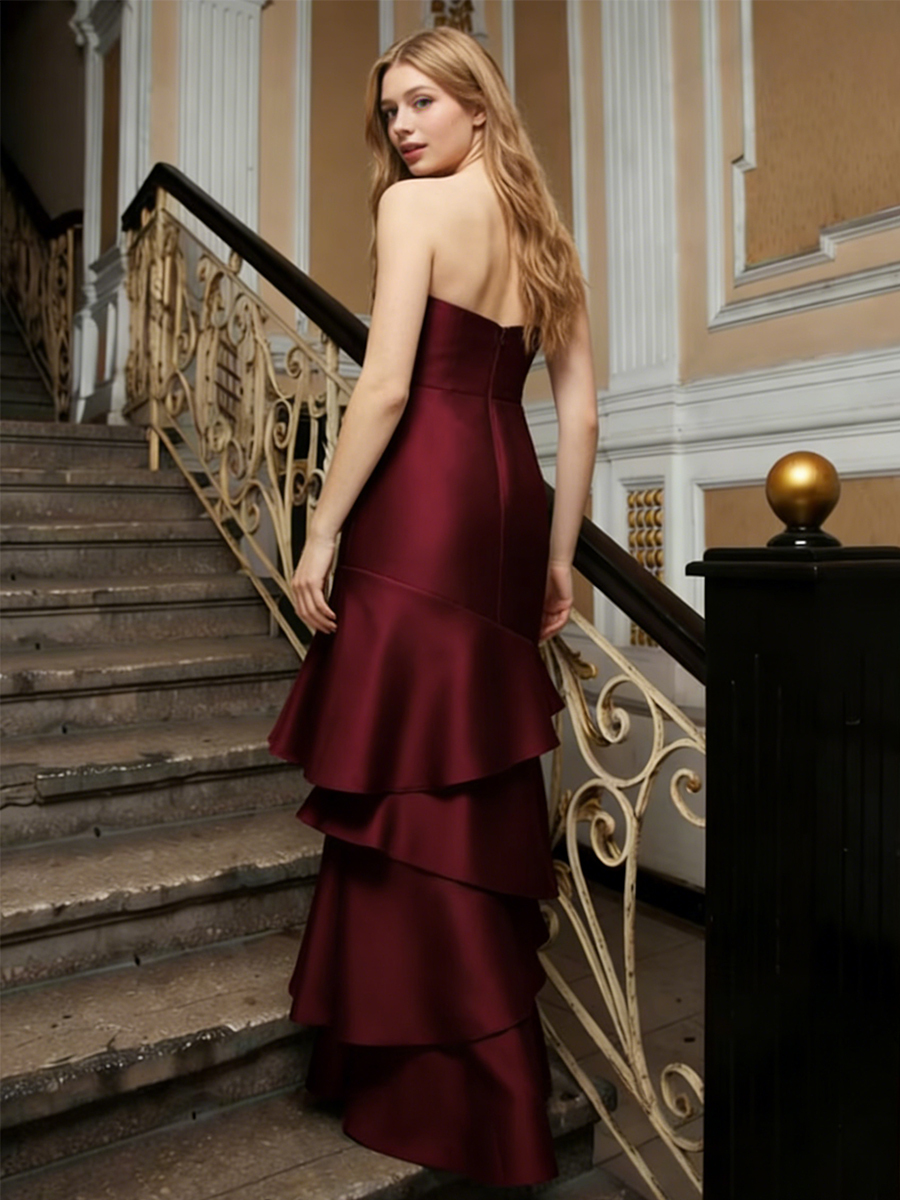 Elegant Strapless Satin Tiered Ruffle Mermaid Floor-Length Formal Prom Gown