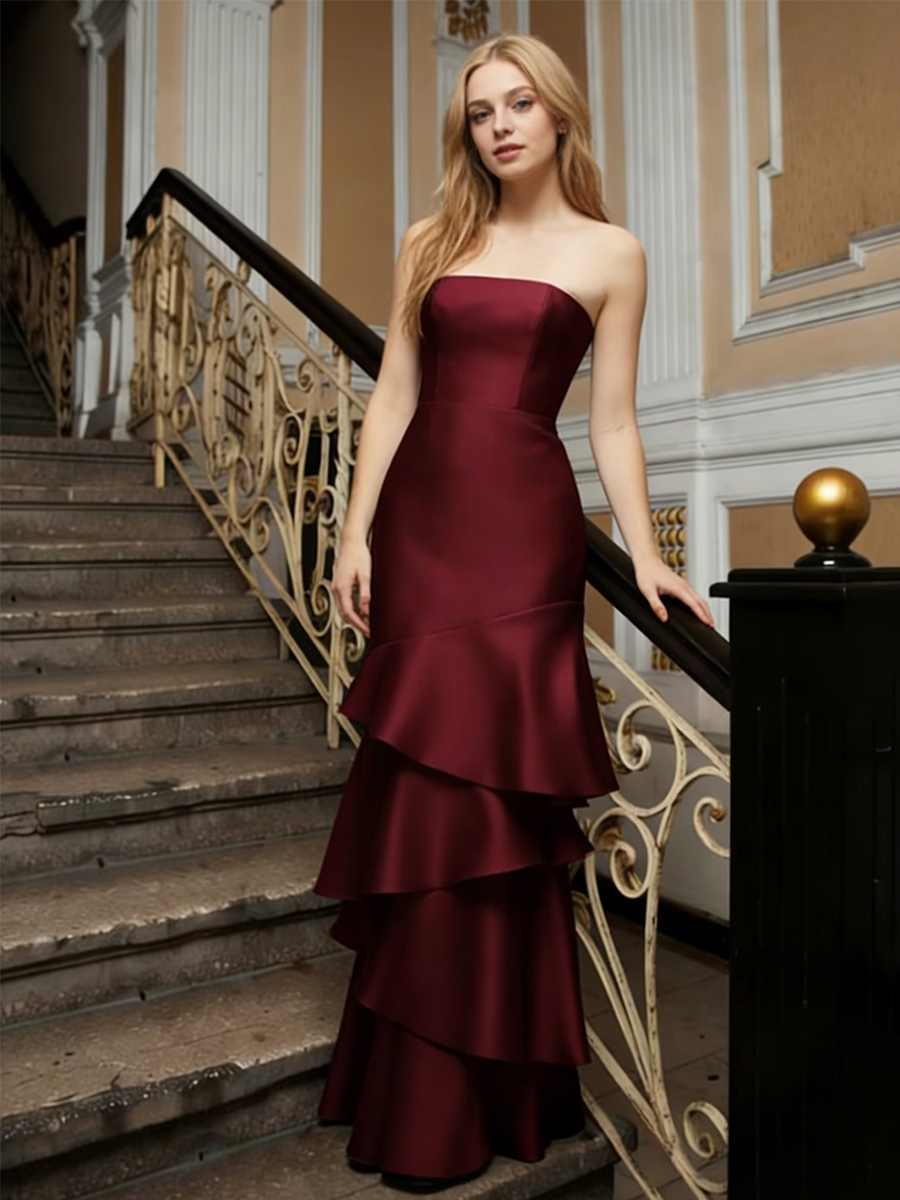 Elegant Strapless Satin Tiered Ruffle Mermaid Floor-Length Formal Prom Gown