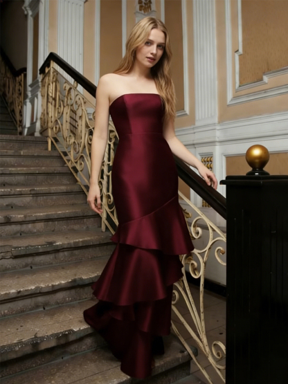 Elegant Strapless Satin Tiered Ruffle Mermaid Floor-Length Formal Prom Gown
