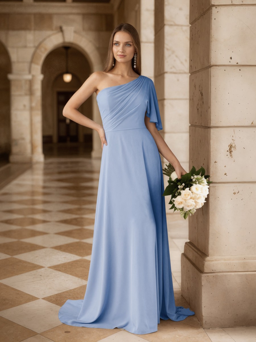 Sheath One-Shoulder Chiffon Floor-Length High Slit Bridesmaid Dress