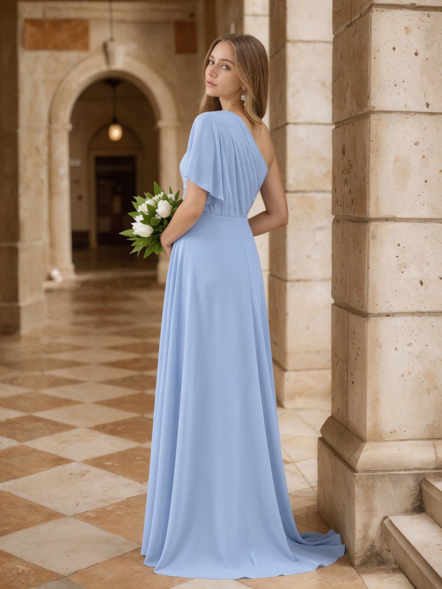 Sheath One-Shoulder Chiffon Floor-Length High Slit Bridesmaid Dress