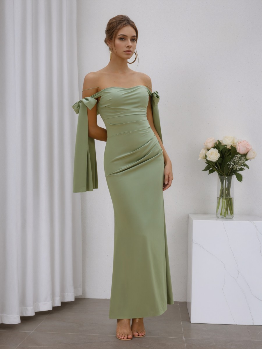 Mermaid Off-the-Shoulder Satin Floor-Length Bow Accent Bridesmaid Dress