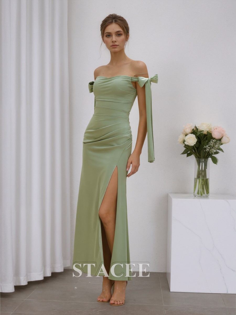 Mermaid Off-the-Shoulder Satin Floor-Length Bow Accent Bridesmaid Dress