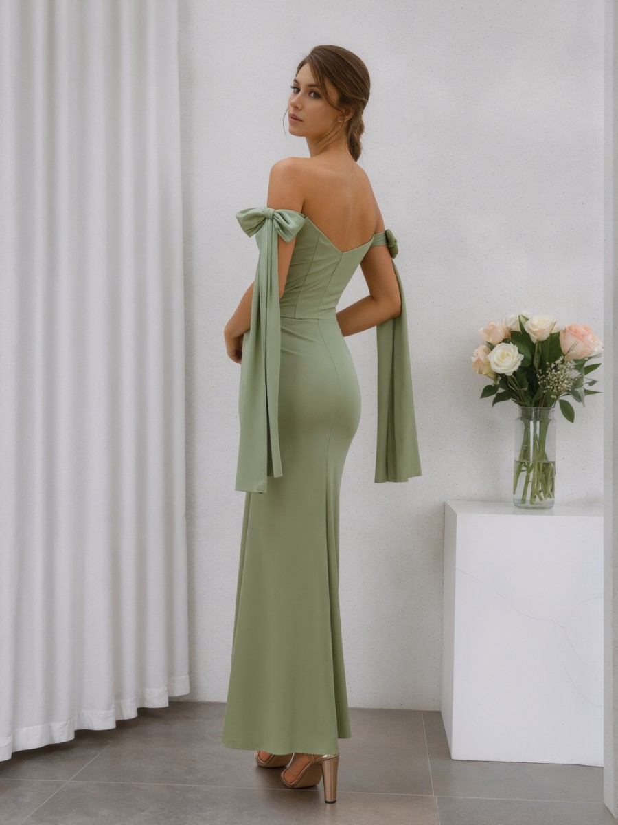 Mermaid Off-the-Shoulder Satin Floor-Length Bow Accent Bridesmaid Dress