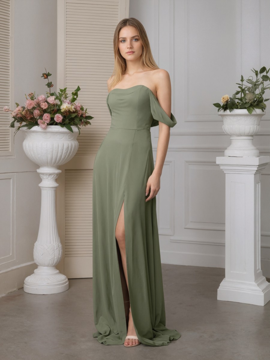 A-Line Off-the-Shoulder Chiffon Floor-Length High Slit Bridesmaid Dress