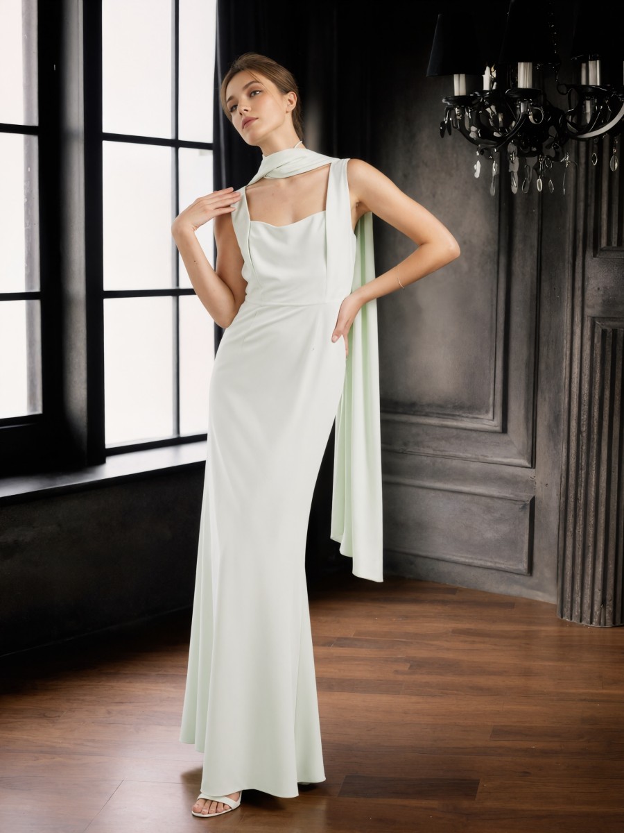 Mermaid Halter Chiffon Floor-Length Drape Accent Bridesmaid Dress