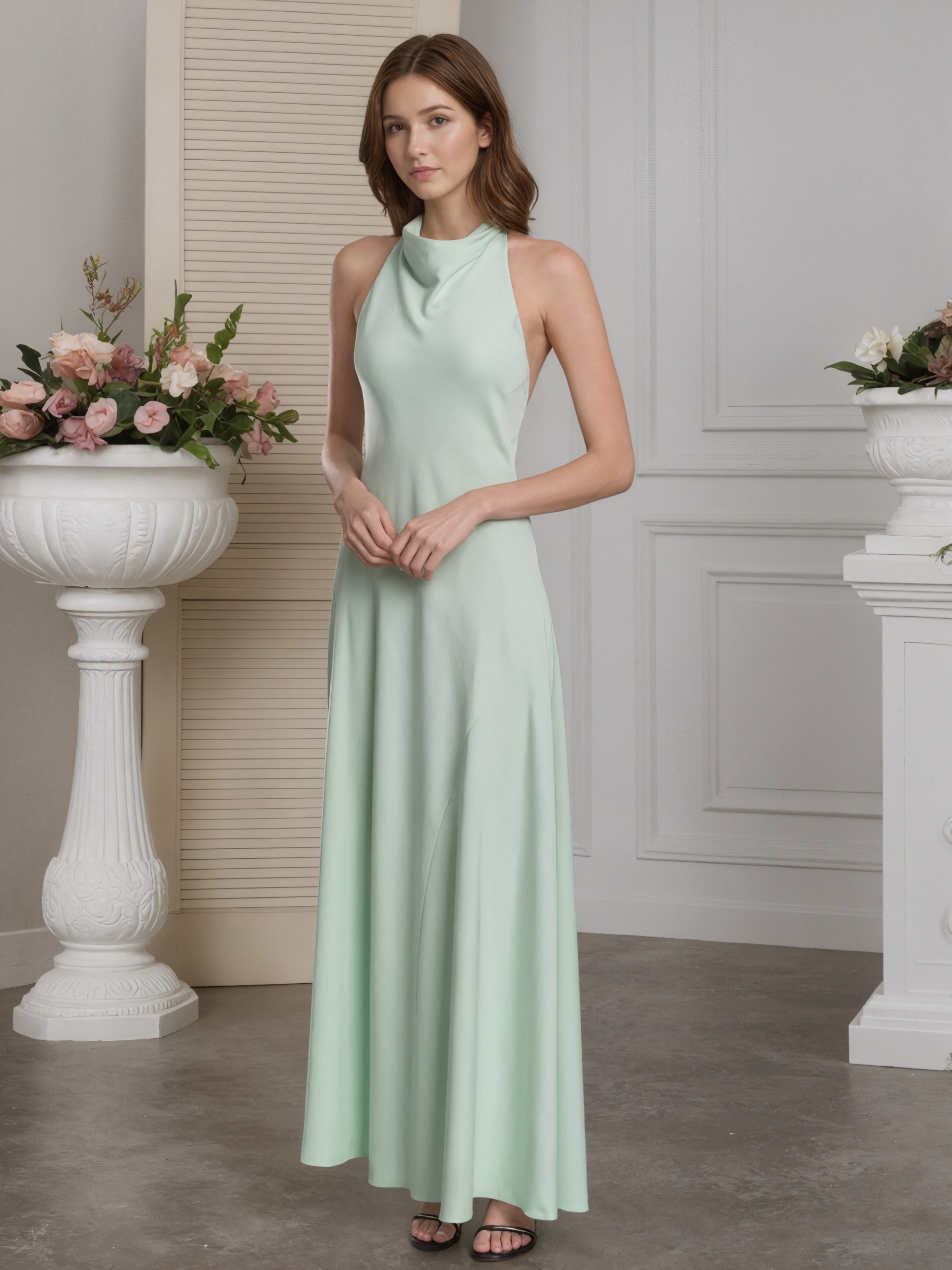 A-Line Halter Satin Floor-Length Formal Mother of the Bride Dress