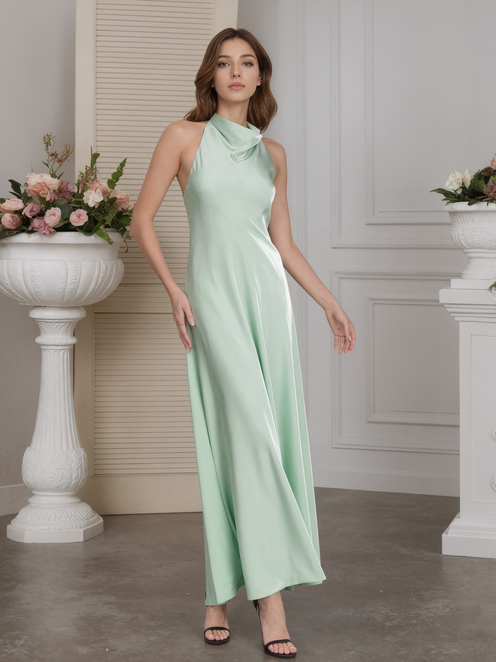A-Line Halter Satin Floor-Length Formal Mother of the Bride Dress
