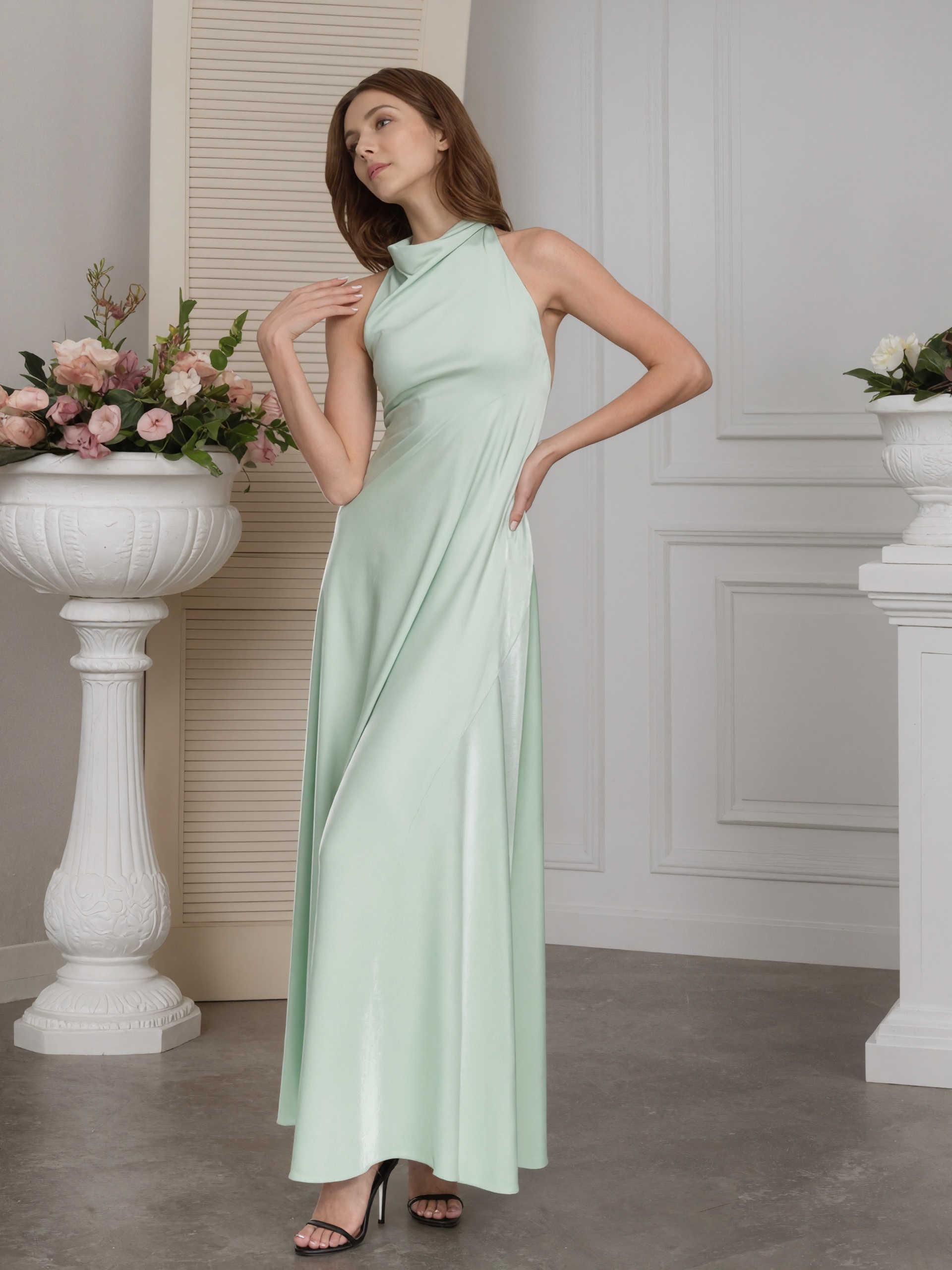 A-Line Halter Satin Floor-Length Formal Mother of the Bride Dress