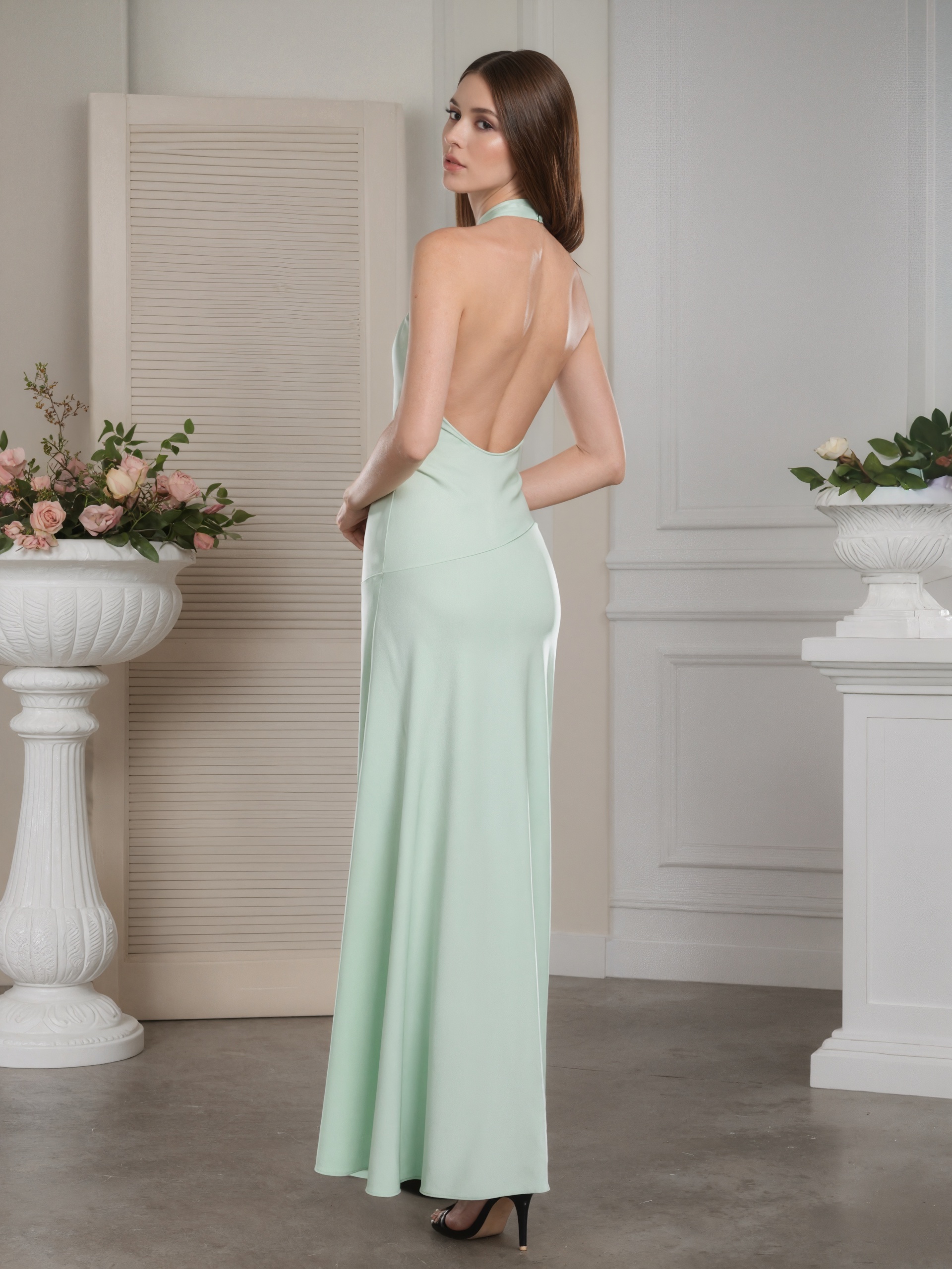 A-Line Halter Satin Floor-Length Formal Mother of the Bride Dress
