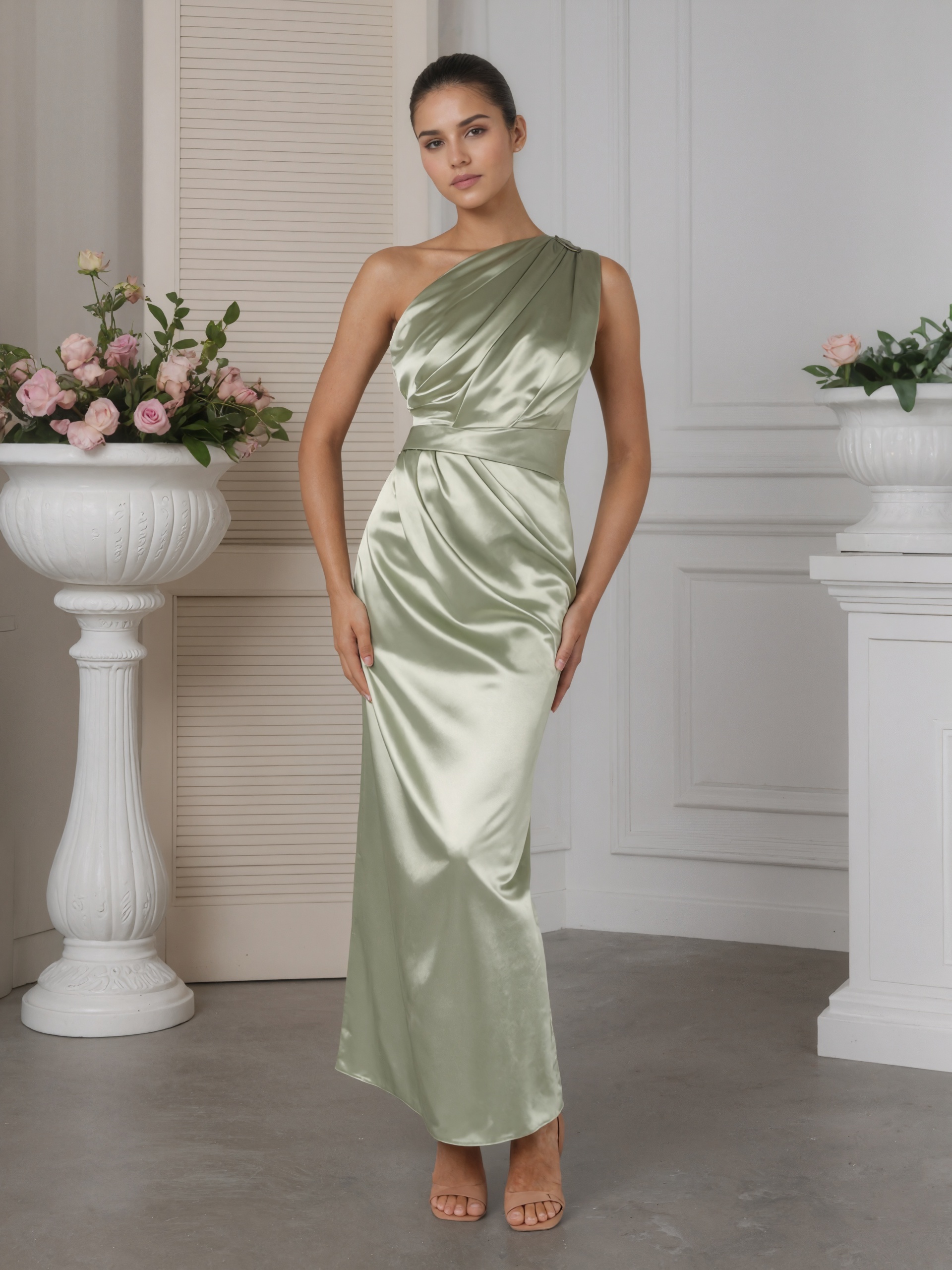 Mermaid One-Shoulder Satin Floor-Length Ruched Formal Mother of the Bride Dress