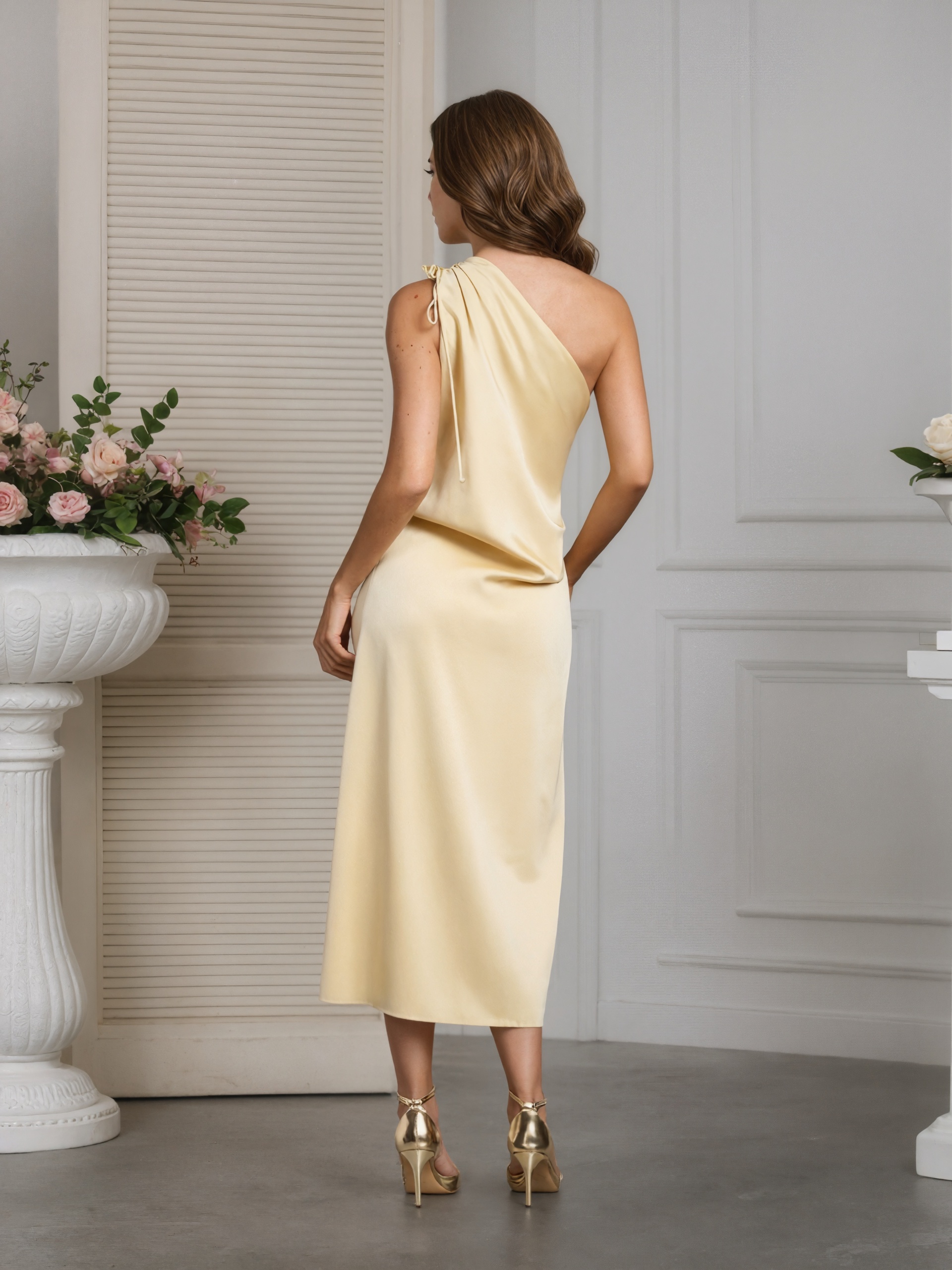 Sheath One-Shoulder Satin Midi-Length Formal Mother of the Bride Dress