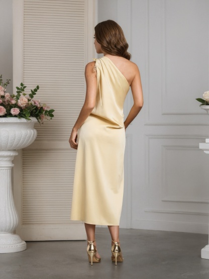 Sheath One-Shoulder Satin Midi-Length Formal Mother of the Bride Dress