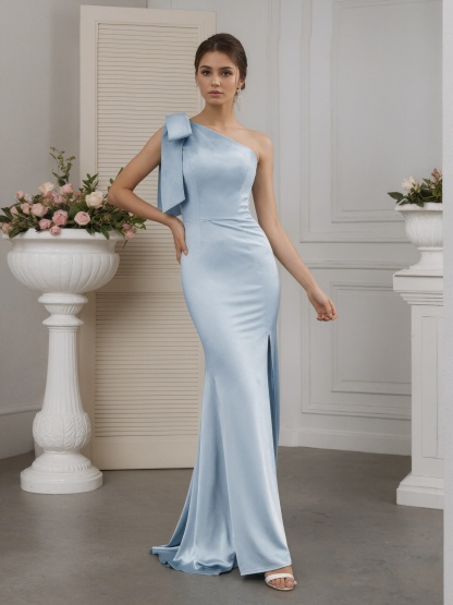 Sheath Off-the-Shoulder Satin Floor-Length High Slit Formal Mother of the Bride Dress