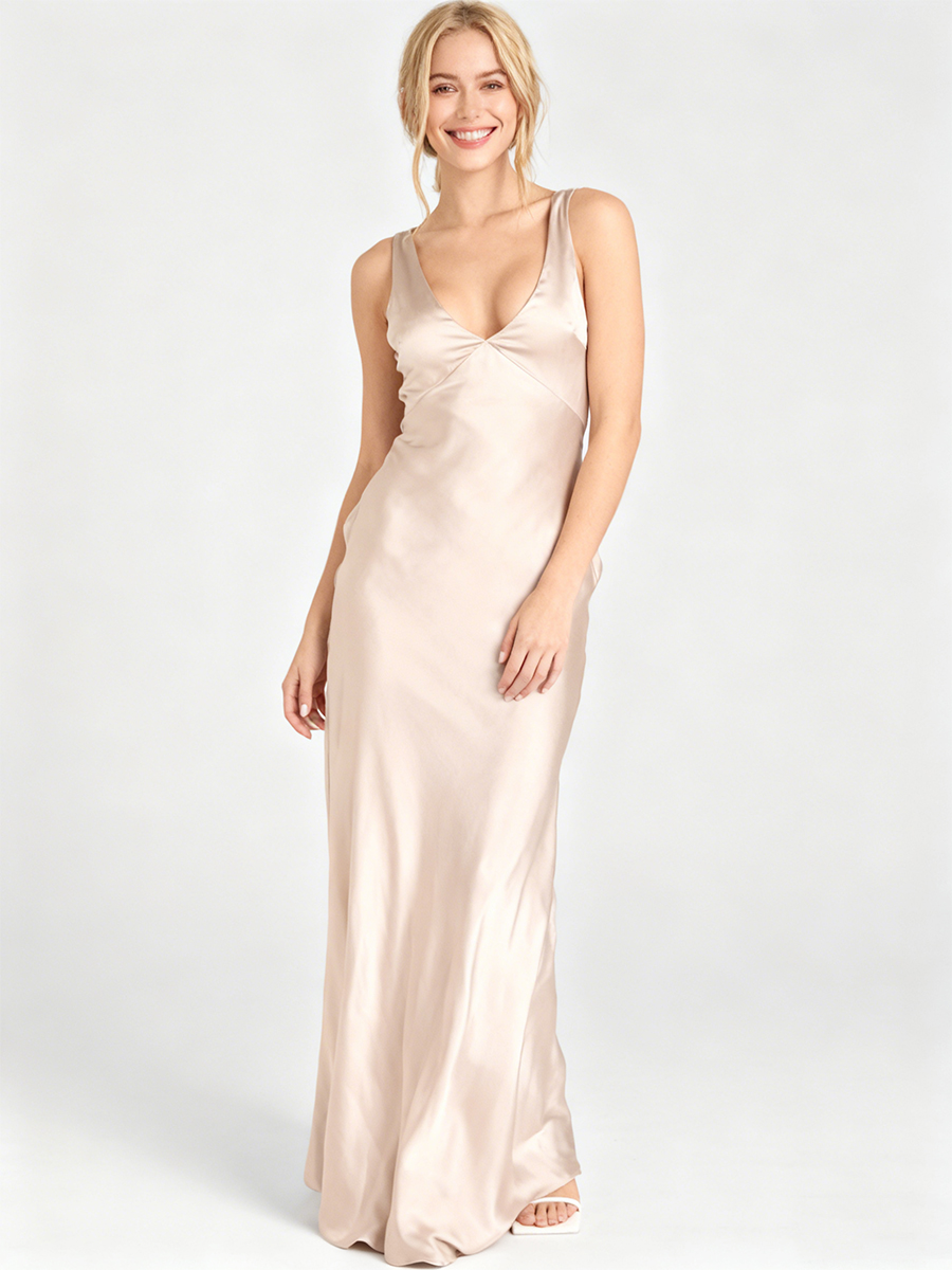 Elegant Spaghetti Strap Deep V-Neck Satin Bodycon Mermaid Maxi Wedding Guest Dress