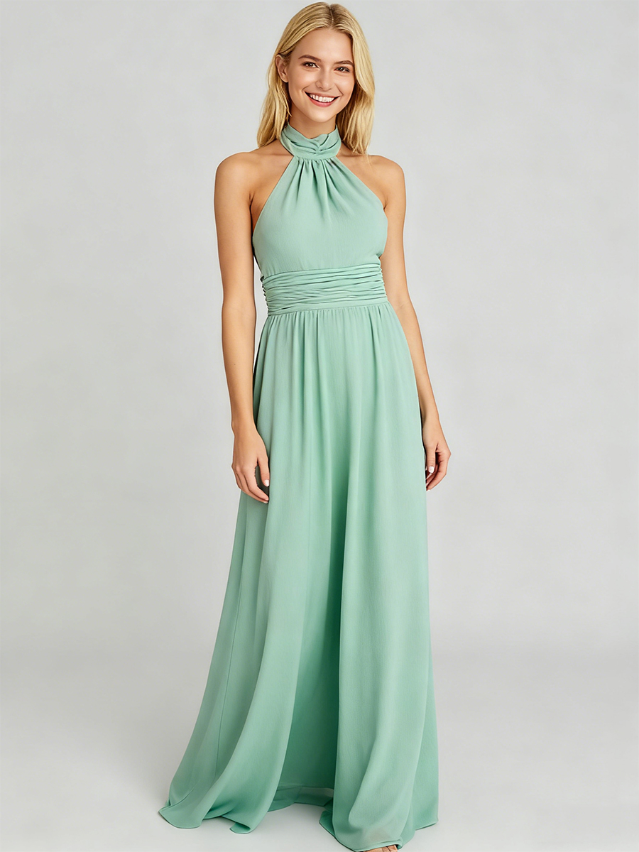Halter Twist Neck Open Back Waist-Cinched Chiffon Maxi Wedding Guest Bridesmaid Dress