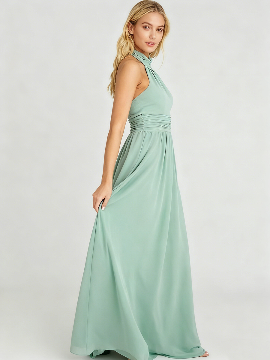 Halter Twist Neck Open Back Waist-Cinched Chiffon Maxi Wedding Guest Bridesmaid Dress