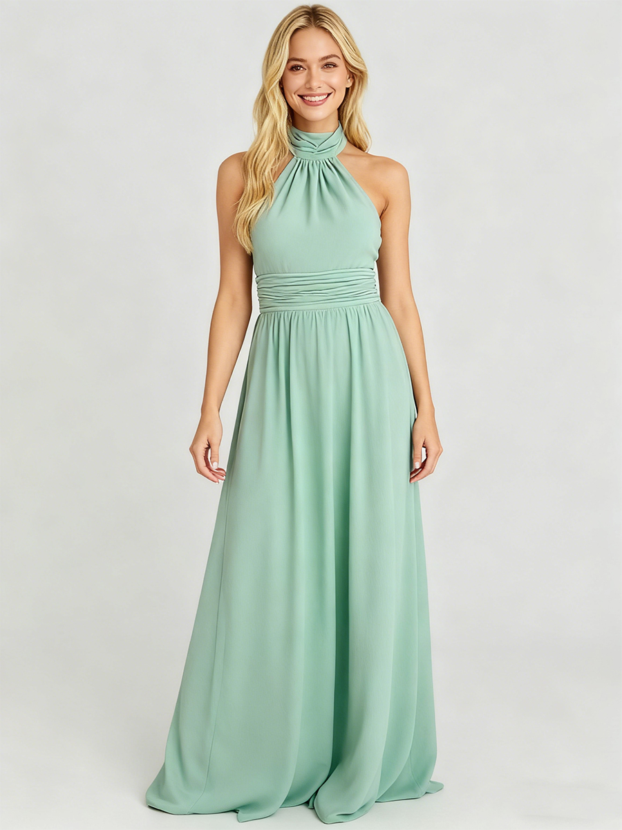 Halter Twist Neck Open Back Waist-Cinched Chiffon Maxi Wedding Guest Bridesmaid Dress