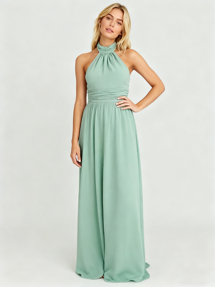Halter Twist Neck Open Back Waist-Cinched Chiffon Maxi Wedding Guest Bridesmaid Dress