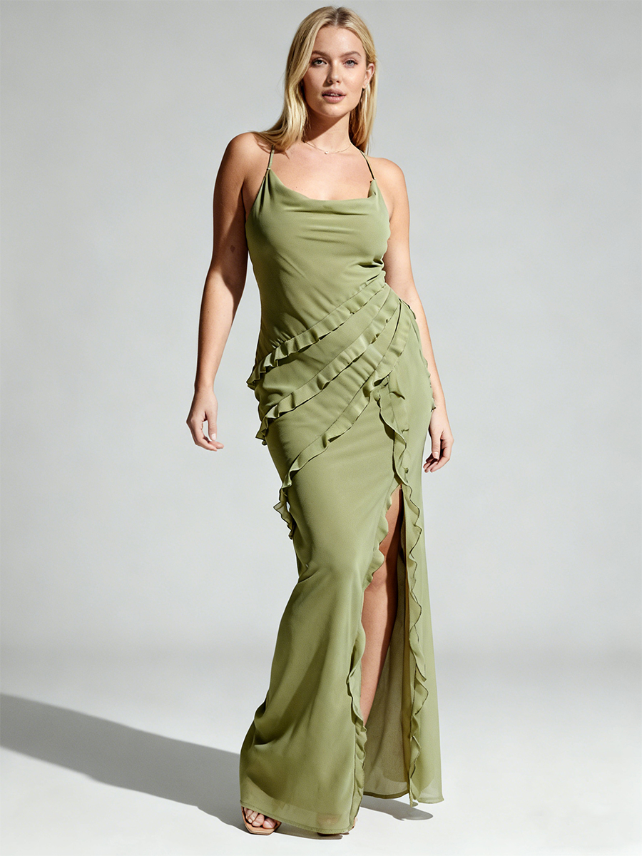 Elegant Spaghetti Strap Cowl Neck Diagonal Layered Ruffle High Slit Bodycon Maxi Bridesmaid Dress