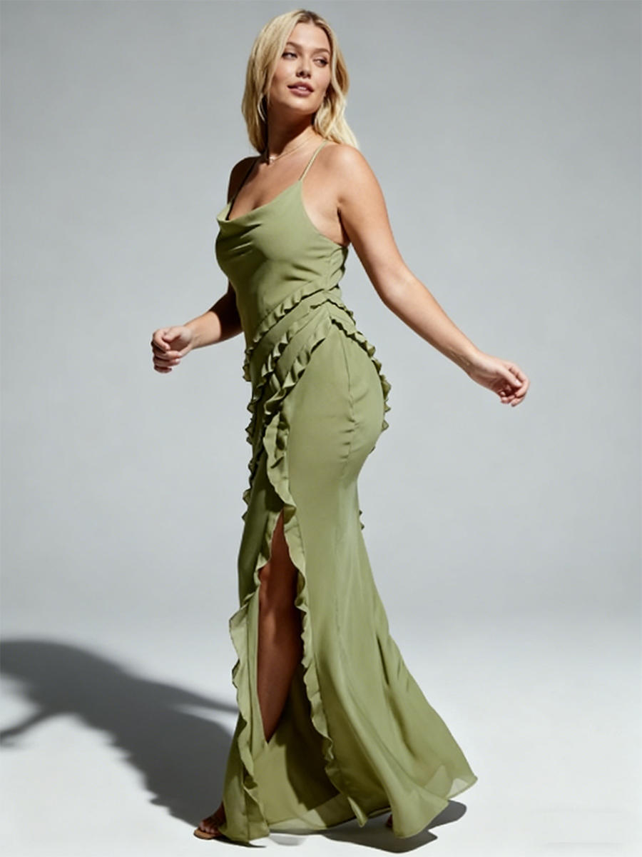 Elegant Spaghetti Strap Cowl Neck Diagonal Layered Ruffle High Slit Bodycon Maxi Bridesmaid Dress