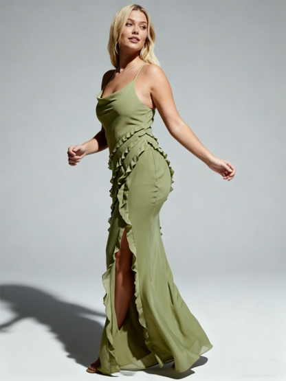 Elegant Spaghetti Strap Cowl Neck Diagonal Layered Ruffle High Slit Bodycon Maxi Bridesmaid Dress