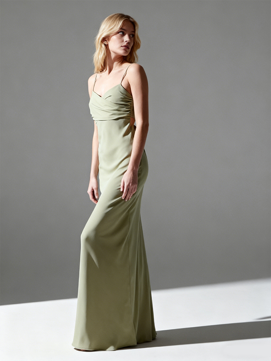 Elegant Spaghetti Strap Cowl Neck Back Tie Open Back Bodycon Mermaid Maxi Bridesmaid Dress
