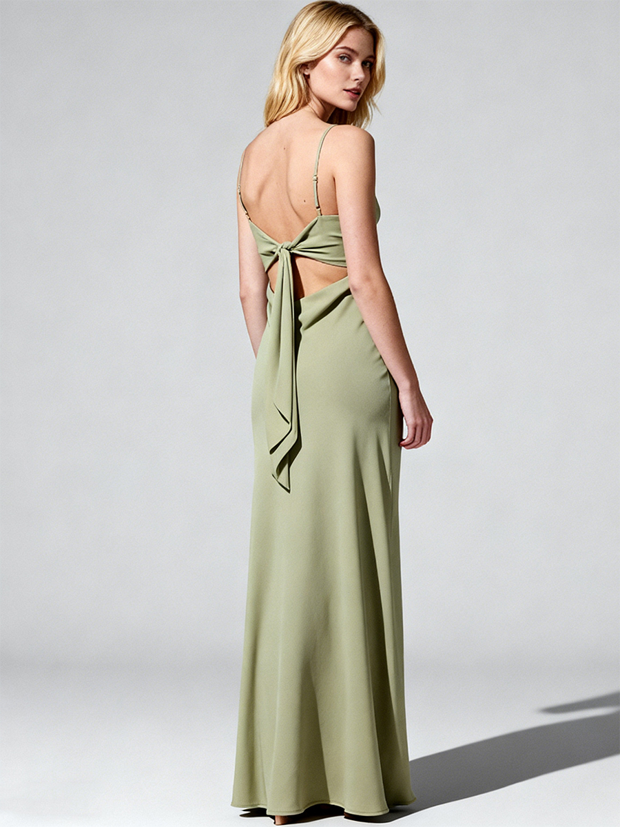Elegant Spaghetti Strap Cowl Neck Back Tie Open Back Bodycon Mermaid Maxi Bridesmaid Dress