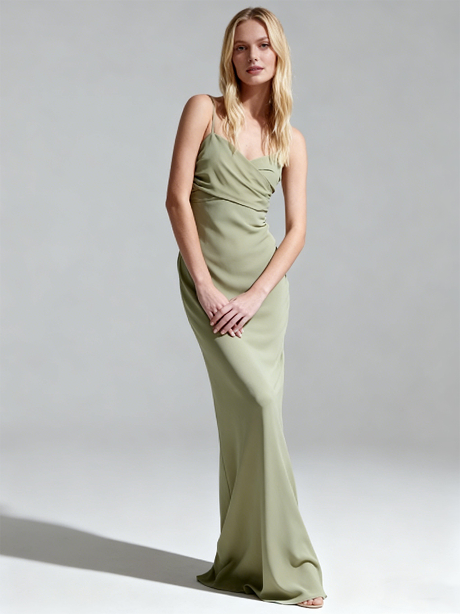 Elegant Spaghetti Strap Cowl Neck Back Tie Open Back Bodycon Mermaid Maxi Bridesmaid Dress