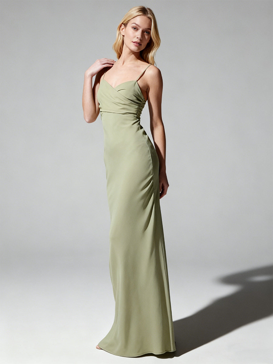 Elegant Spaghetti Strap Cowl Neck Back Tie Open Back Bodycon Mermaid Maxi Bridesmaid Dress