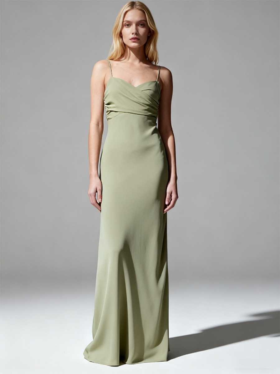 Elegant Spaghetti Strap Cowl Neck Back Tie Open Back Bodycon Mermaid Maxi Bridesmaid Dress
