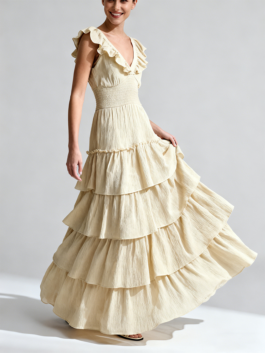 Elegant V-Neck Ruffle Sleeve Waist-Cinched Tiered Maxi Bridesmaid Dress for Wedding
