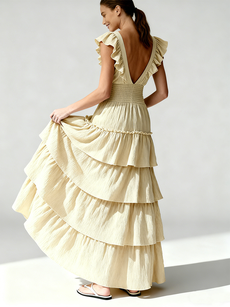 Elegant V-Neck Ruffle Sleeve Waist-Cinched Tiered Maxi Bridesmaid Dress for Wedding